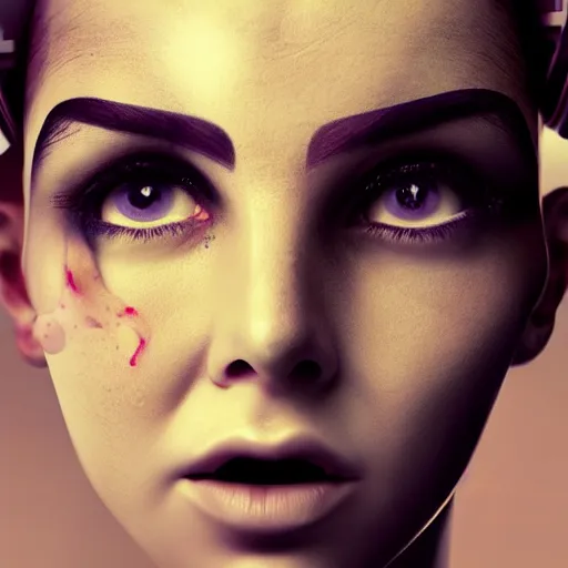 Image similar to cute young woman with robot ears and eyes, 4k, Alberto Seveso