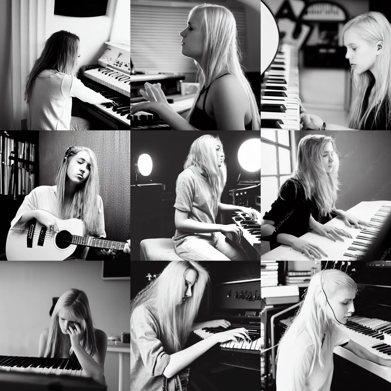 Prompt: 20-year old blond female composing a new song in her music studio, smoky black and white mood photo