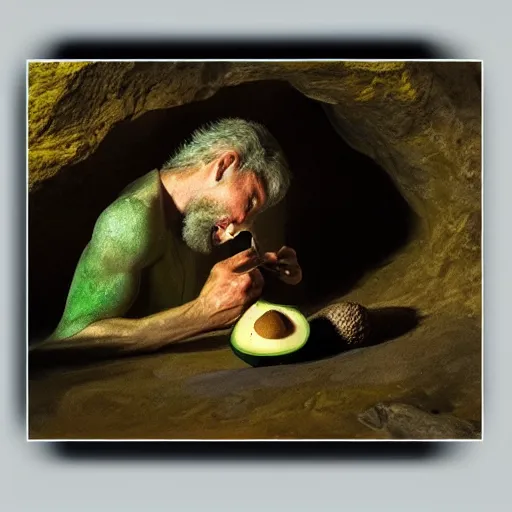 Prompt: man in a cave eating an avocado, ultrarealistic, photorealism, golden ratio, art canvas, award winning, masterpiece, trending on artstation 8 k 1 5 0 mpx