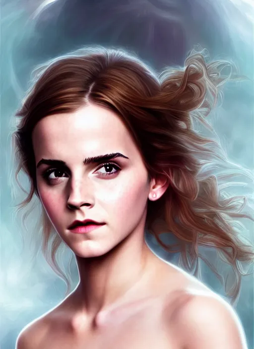 Image similar to emma watson as magic healer, long hair, white and pink cloth, shiny background, intricate, elegant, highly detailed, digital painting, artstation, concept art, smooth, sharp focus, illustration, artgerm, bouguereau