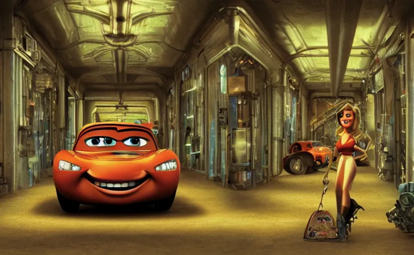 Prompt: mater from cars in a mirrored fractal hallway, romance novel cover, in 1 9 9 5, y 2 k cybercore, industrial photography, still from a ridley scott movie