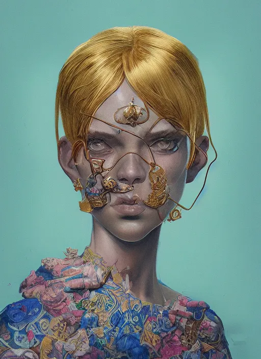 Image similar to gold portrait :: by Martine Johanna and Simon Stålenhag and Chie Yoshii and wlop and Guillermo del toro :: ornate, dynamic, particulate, rich colors, elegant, centered, artstation, smooth, sharp focus, octane render, 3d