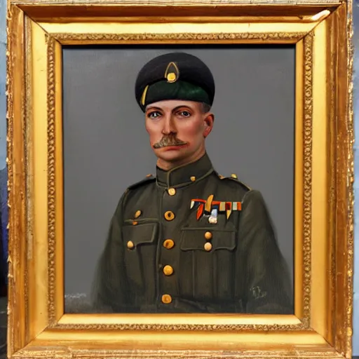 Prompt: Oil painting of a man in WWI military uniform