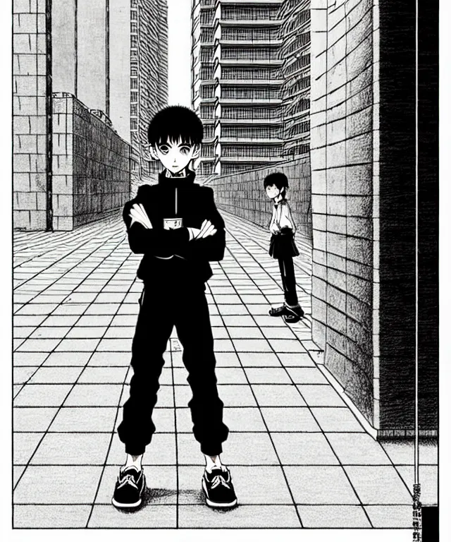 Image similar to A manga cover about a shaved-headed solo gopnik standing on the sidewalk. Sharp high quality manga cover, fine details, straight lines, architecture in the background, masterpiece, art, highly detailed drawing by Hirohiko Araki, Akatsuki Akira, Kentaro Miura