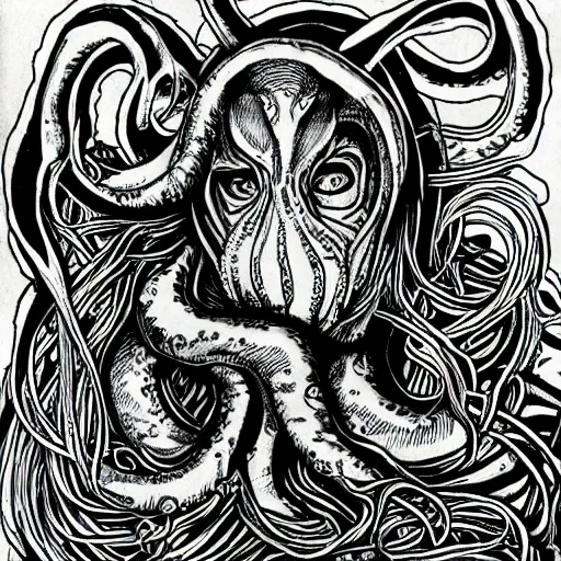 Image similar to tentacles, cthulhu, drawn by araki hirohiko