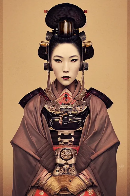 Prompt: a beautiful ultradetailed vintage photo of a cyborg geisha samurai, by tom bagshaw and anna dittman, portrait, 2 4 mm lens, golden ratio composition, detailed face, studio photography, very detailed, humanoids, industrial robots, artstation, 8 k, highly coherent