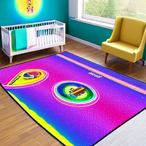 Prompt: a futuristic kids road map carpet rug, designed by lisa frank
