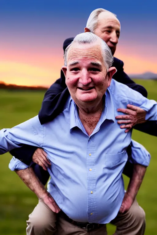 Image similar to elderly man carrying ted cruz piggyback, 8 k, award winning photograph, portrait, detailed faces, sunset in background, highly - detailed