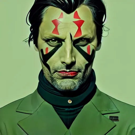 Image similar to Joshua Middleton comic art, wide shot, handsome elegant male Mads Mikkelson, spy, kabuki mask, beautiful evil sneer, symmetrical face, symmetrical eyes, leather clothing and boots, long straight green black hair, full body, Indigo occult pattern