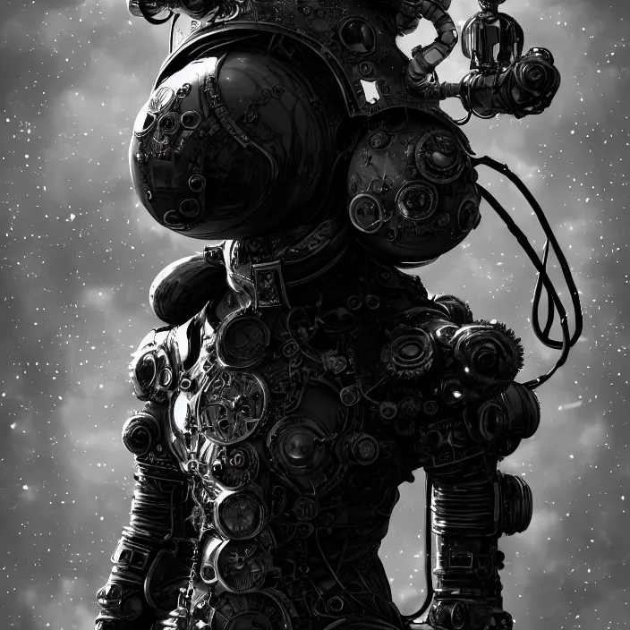 Prompt: a vertical portrait of a character in an spaceship by nihei tsutomu, black and white, dreamy, steampunk armor, highly detailed, 3 d render, vray, octane, realistic lighting