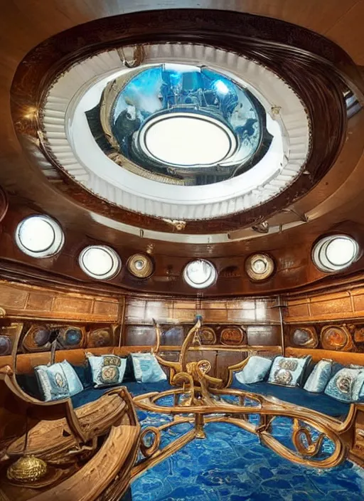 Prompt: captain nemo's luxury victorian living room on the nautilus with views out porthole windows of ocean life