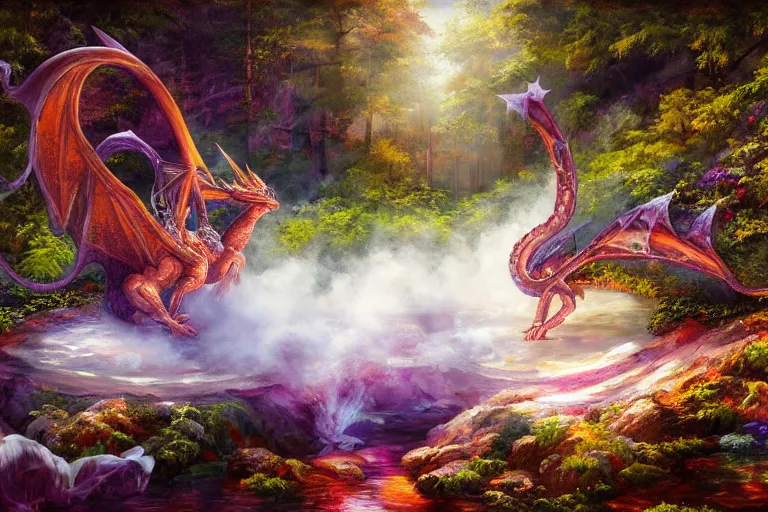 Prompt: highly detailed oil painting of a crytal dragon sitting in a steaming colorful hotspring with woodland forest backdrop, featured on artstation