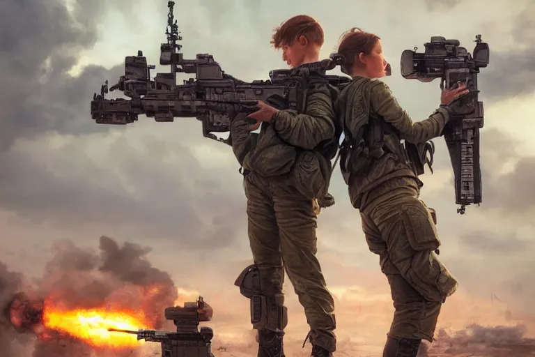 Image similar to Boy and girl holding each other's hands standing scared in front of a military war machine which is aiming at them. beautiful detailed photograph intricate insanely detailed octane render, 8k artistic photography, photorealistic, art by artgerm and greg rutkowski and alphonse mucha, detailed, trending on artstation