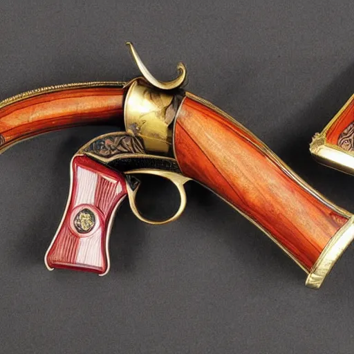 Image similar to an elegant set of victorian dueling pistols decorated with an apple theme, in a velvet lined case