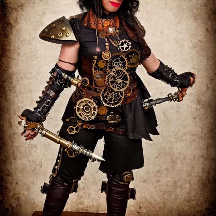 Image similar to full body photograph of achristina hendricks as a steampunk warrior, Extremely detailed. 8k