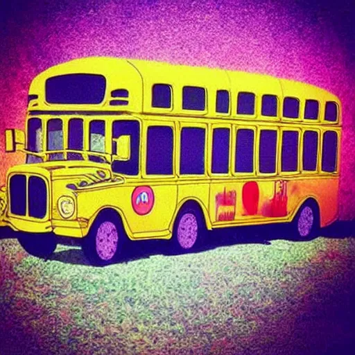 Prompt: magic school bus, trippy, instagram, beautiful, wavy bus