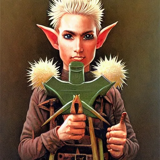 Image similar to an elf with spiky blonde hair wearing dark brown overalls and holding dynamite. painting by Gerald Brom