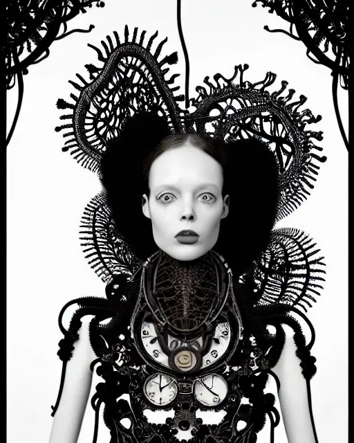 Prompt: surreal black and white photo portrait of complex bio-mechanical beautiful young female vegetal-cyborg with a Mandelbrot fractal steampunk metal fine lace face, a very long neck and a fine metal floral foliage super big lace collar by Alexander McQueen:: smoke, high fashion, haute couture, rococo, steampunk, silver filigree details, anatomical, facial muscles, cable wires, microchip, elegant, dreamy, foggy atmosphere, hyper realistic, 150 mm lens, soft rim light, octane render, unreal engine, picture was taken in 1910 by Man Ray, volumetric lighting, dramatic light,8k,