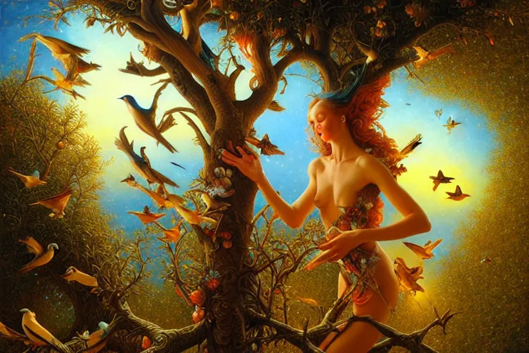 Image similar to oil painting, female playing the harph while birds are listening on the tree surreal, ultra realistic, wide angle, intricate details, artifacts, luminous skies, highly detailed, michael cheval, peter mohrbacher, boris vallejo, jessica rossier, oil painting, highly detailed, cinematic lighting