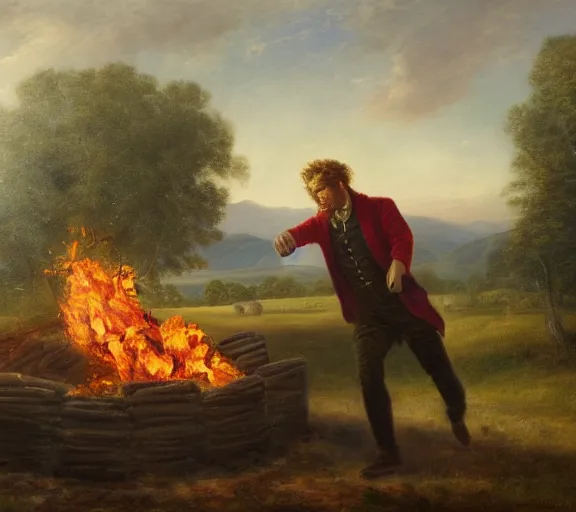 Image similar to landscape portrait of tyler childers throwing his money on a funeral pyre by william sidney mount, trending on artstation