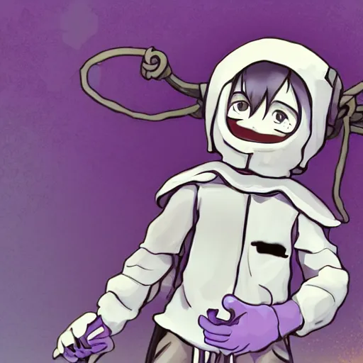 Prompt: cute little boy wearing an skull mask and dressed in an nun outfit, purple color palette, artwork made in western cartoon art syle, inspired in made in abyss and hirohiko araki, ray tracing, soft details