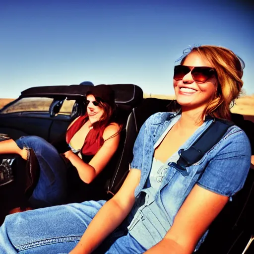 Image similar to three friends in an open convertible, roadtrip on route 66