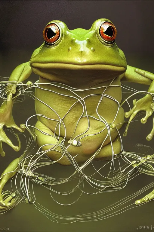 Prompt: hyperrealist portrait of a humanoid frog dressed as a space sport engineer, it is decorated with long wires that fall like vines and wears small computers over their body. by jeremy mann and alphonse mucha, fantasy art, photo realistic, dynamic lighting, artstation, poster, volumetric lighting, very detailed faces, 4 k, award winning