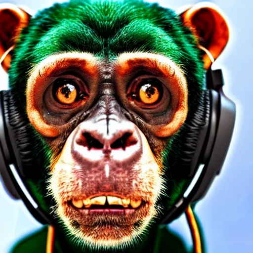 Prompt: a photo of a green chimp wearing headphones