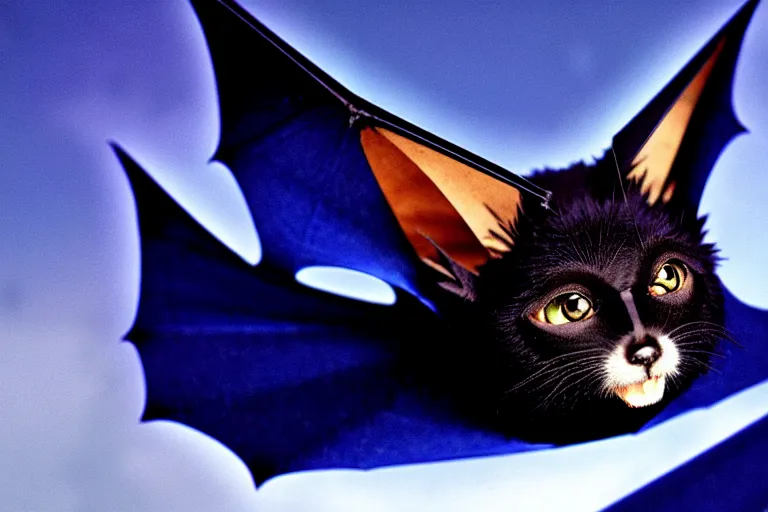Image similar to a blue - and - black male catbat fursona with blue / green heterochromatic eyes ( differently - colored eyes ) and huge bat ears, photo of the catbat streaming on his computer