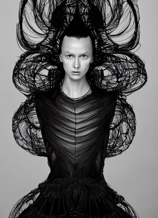 Image similar to a portrait of beautiful model tessa kuragi wearing iris van herpen dress, by serge lutens, photorealistic, intricate details, hyper realistic, photorealistic, canon r 3, photography, symmetrical features, symmetrical pose, wide angle shot, head to toe, standing pose, feet on the ground,