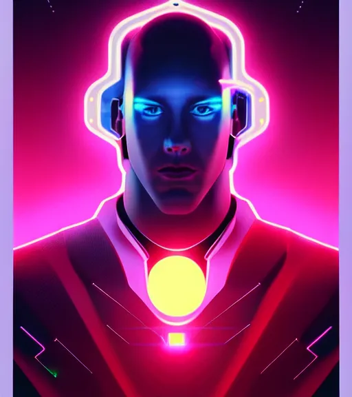 Image similar to symmetry!! caucasian prince of technology, solid cube of light, hard edges, product render retro - futuristic poster scifi, lasers and neon circuits, handsome caucasian prince, intricate, elegant, highly detailed, digital painting, artstation, concept art, smooth, sharp focus, illustration, dreamlike, art by artgerm