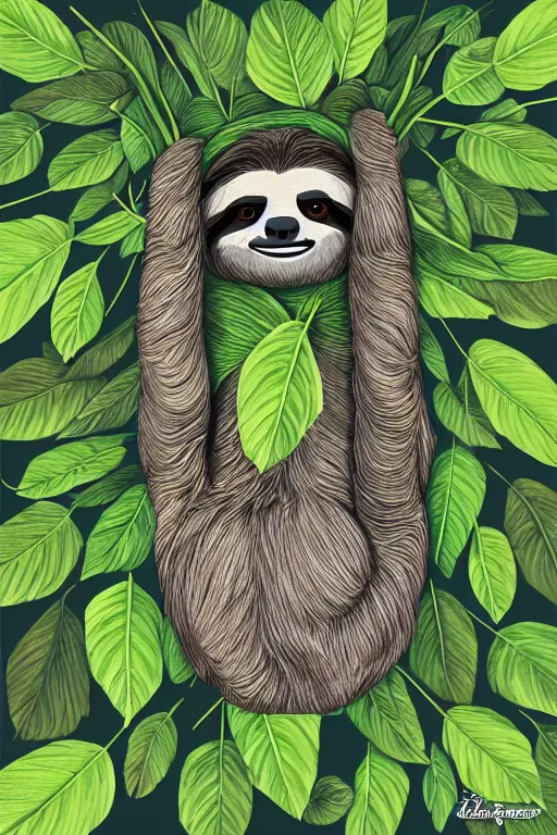 Image similar to a sloth made from leaves, highly detailed, digital art, sharp focus, trending on art station, plant, anime art style