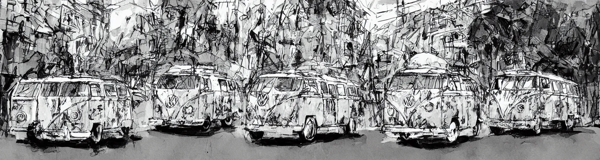 Prompt: vw bus on a street, illustration by ashley wood