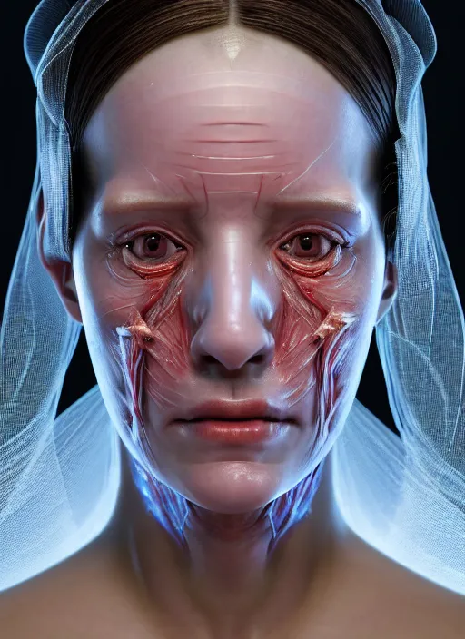 Image similar to 3 / 4 portrait, queen emma with transparent skin, visible muscle and bones and veins and nerves, hyperrealism, detailed textures, photorealistic 3 d cyberpunk apocalyptic city, futuristic clothing and helmet, ultra realistic, cinematic, intricate, cinematic light, unreal engine 8 k, octane render, unreal engine by david kostic and stanley lau and artgerm