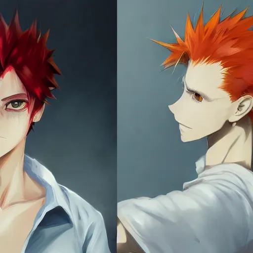 Image similar to beautiful portrait of hisoka morow, red hair, white shirt with yellow hem, realistic anime, hyper realistic, sharp, greg rutkowski, wlop,