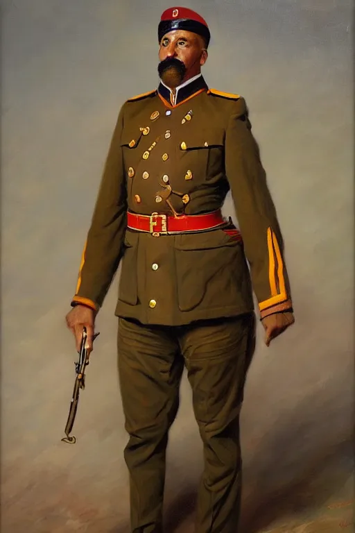 Prompt: full body portrait of the dictator of the phoenix suns, 1 8 8 9, in full military garb, oil on canvas by william sidney mount, trending on artstation