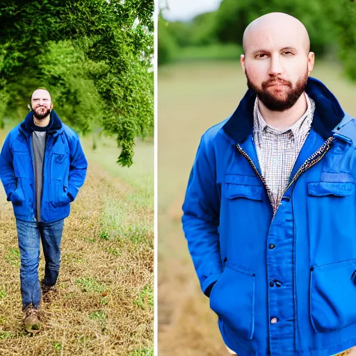 Image similar to steven bonnell ii in a blue jacket walking in a field, portrait photography, sony a 7 siii