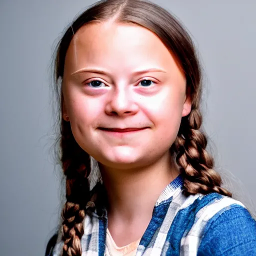 Prompt: Greta Thunberg smiling, photoshoot, 30mm, Taken with a Pentax1000, studio lighting