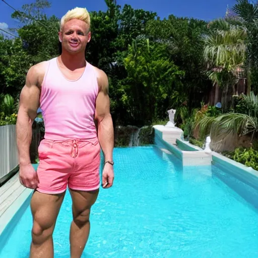 Image similar to a handsome man with blonde hair, ken, who is a male android, muscular, wearing a cut - off pink top and short light orange shorts, stands by a swimming pool