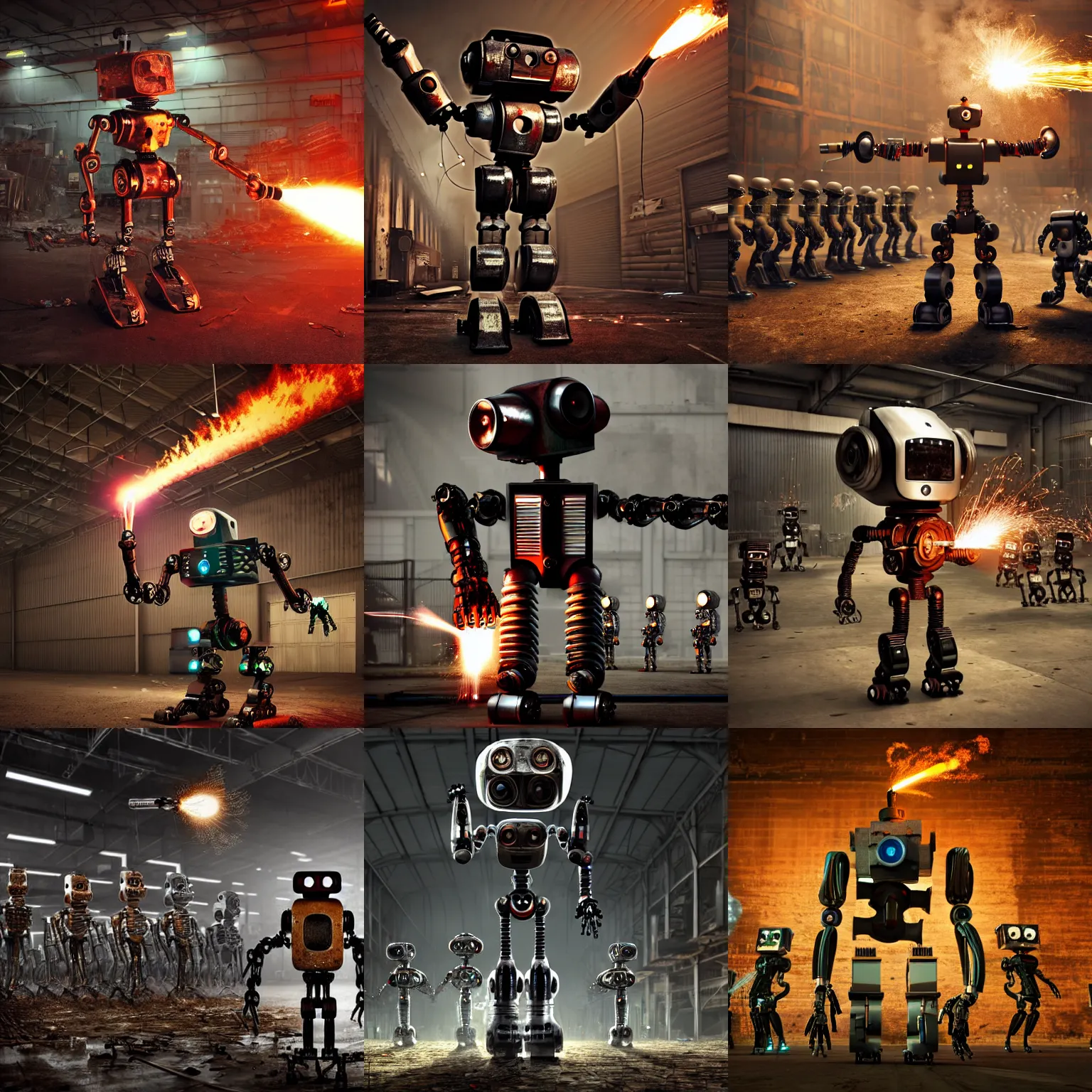 Prompt: a realistic deranged robot holding a sparking welding torch over its head, standing in front of an army of robots inside a huge rusty dingy warehouse, army of robots, raygun gothic, atomic punk, digital art, detailed octane render, high angle
