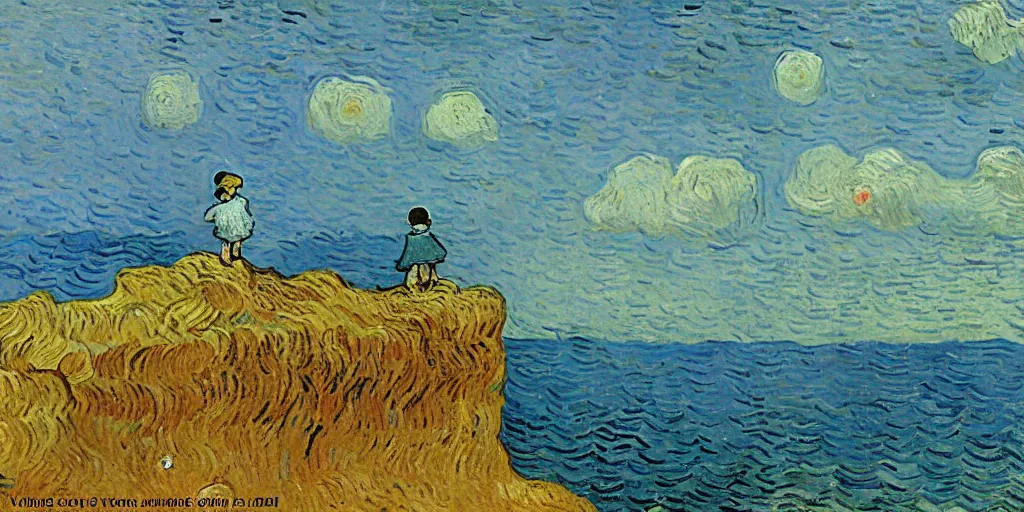 Prompt: A little girl watching seagulls on the edge of a cliff, by Vincent Van Gogh