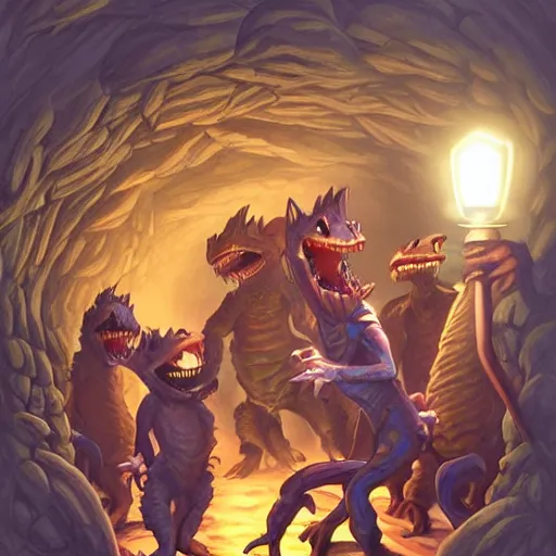 Image similar to a group of lizard-like kobolds digging in a tunnel by torchlight, dungeons & dragons artwork by Artgerm, Don Bluth