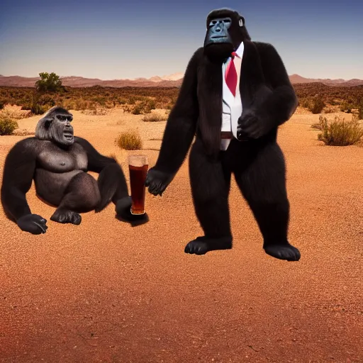 Prompt: A realistic photo of Saul Goodman drinking cocktails with a gorilla, cinematic lighting, CPL filter, New Mexico desert