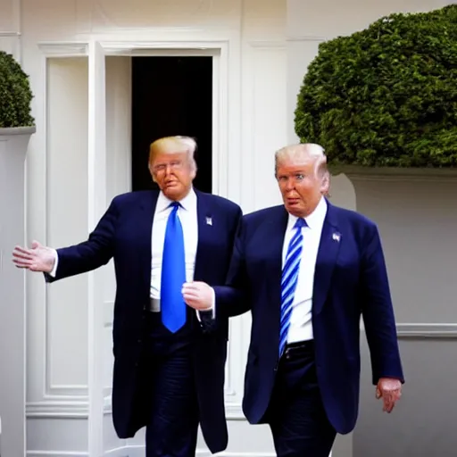 Image similar to Donald Trump entering meeting office of American Psycho, with a white card in his hand