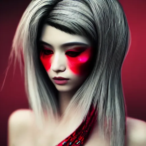 Image similar to Japanese model with maximalist hair style and makeup, fashion model, unreal engine octane, red and white, portrait, glitter, depth of field, 8k, hyper detailed, intricate, trending on artstation