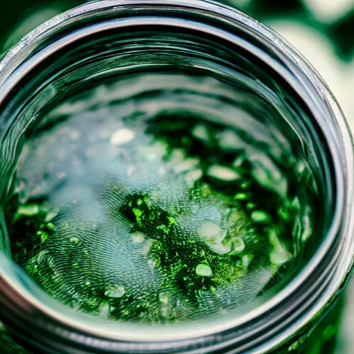 Prompt: close - up shot of a mason jar filled with cloudy green slime, macro lens, depth of field, bokeh