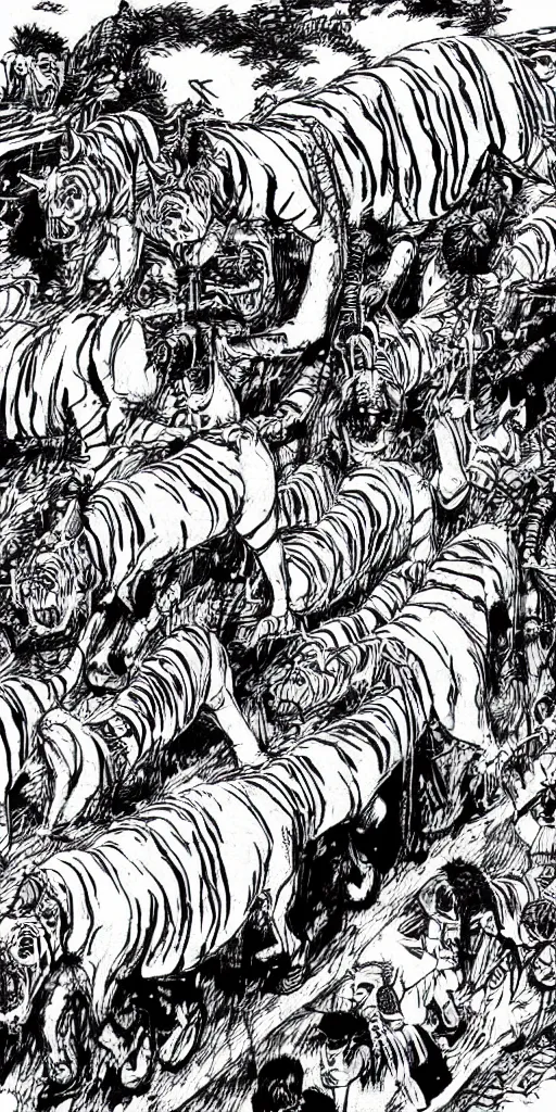 Prompt: man riding a chariot car being pulled by tigers drawn by Junji Ito.