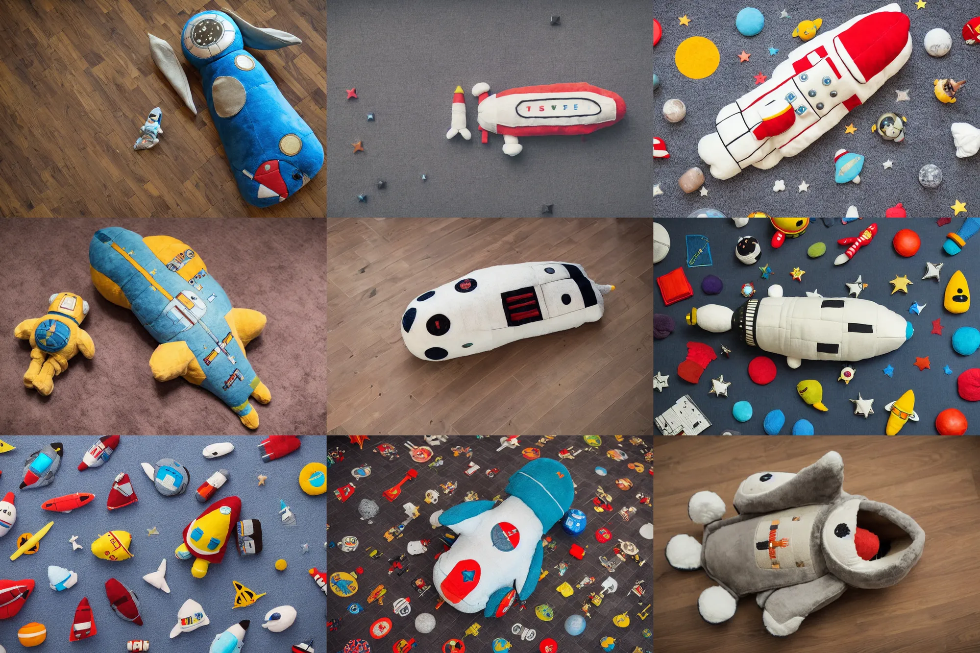 Prompt: photograph detailed retro sci - fi plush toy spaceship on the floor