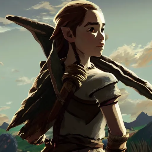 Prompt: emilia clarke in the art style of breath of the wild, dramatic lighting, digital art, intricate, highly detailed, matte painting, fine art