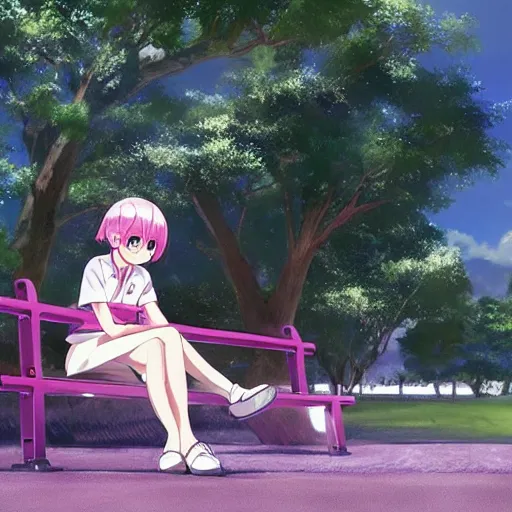 Image similar to a girl with pink hair in a school uniform sitting on a bench in a park, beautiful, perfect art, makoto shinkai